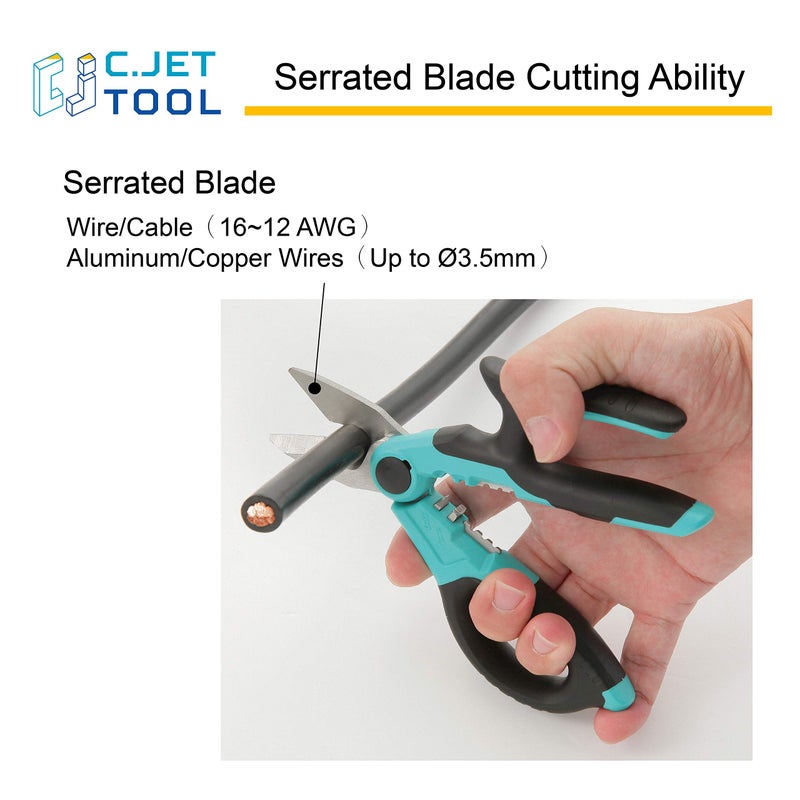 C.JET TOOL 7" Stainless Professional Electrician Scissors Multi-Grip Design Aluminium Copper Soft Cable - Image 3